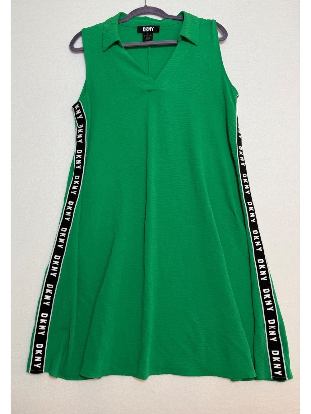 DKNY Green Sleeveless Polo Collar Dress with Logo Side Stripes